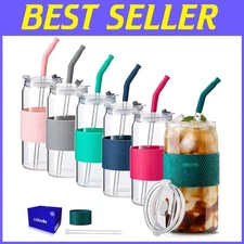 Colorful Glass Cups Set with Lids & Straws - 6pc