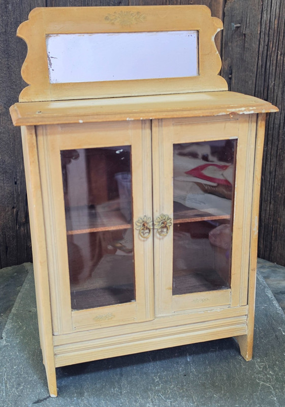 Antique 14" Miniature Doll China Cabinet Hutch Glass Door Salesman Sample Mirror