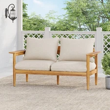 Outdoor 2-Seater Patio Sofa Acacia Wood Loveseat Chair with Cushions, Beige/Teak