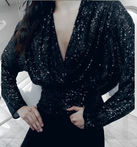 ZARA GORGEOUS DRAPED SEQUIN BLACK BLOUSE SIZE M | eBay