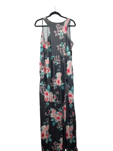 NWT ZZER Maxi Dress Racerback Pockets Gray/Pink Floral Size XXL Super Comfy