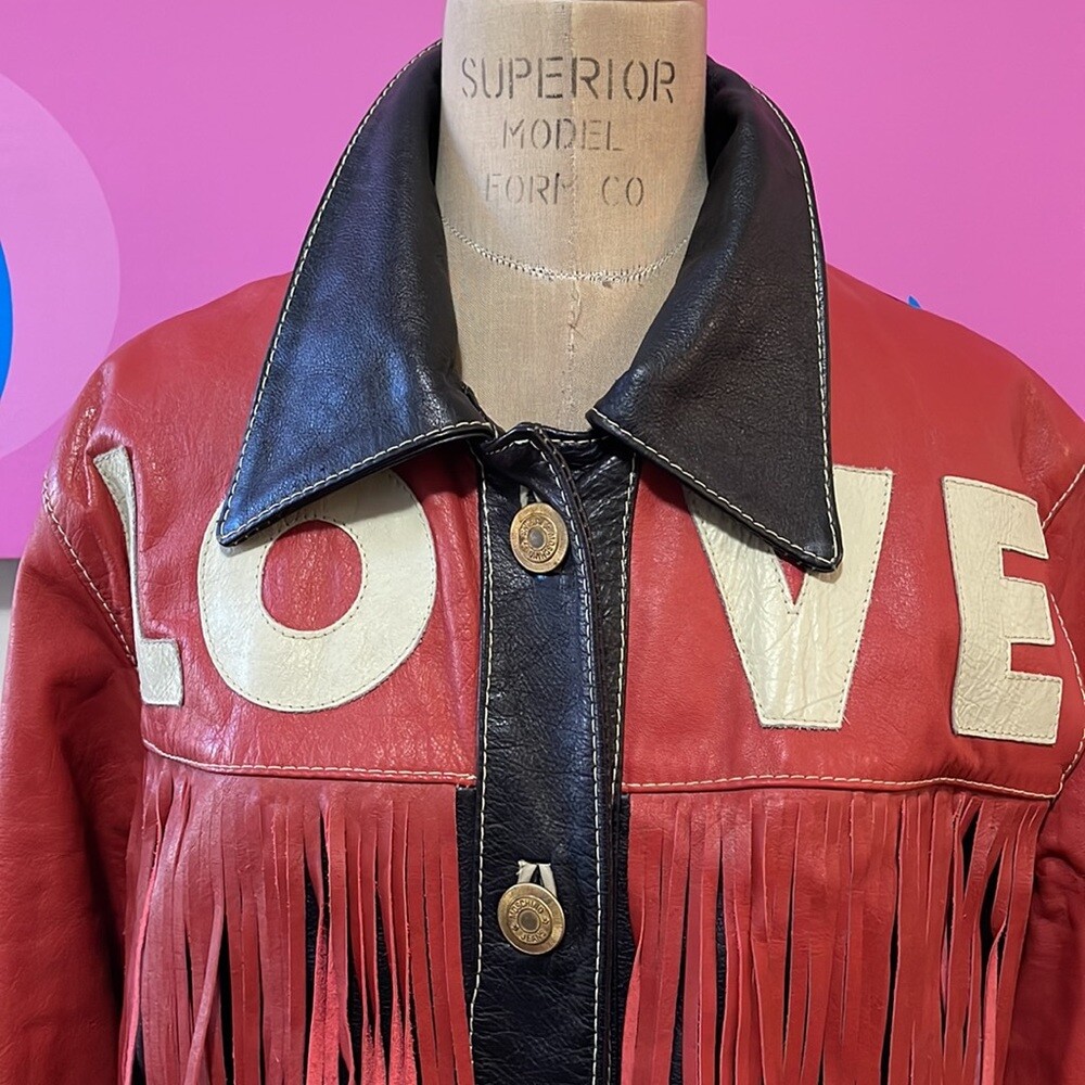 Moschino Red Black White Leather LOVE Moto Jacket Fringe | eBay Moschino Red Black White Leather LOVE Moto Jacket Fringe | eBay