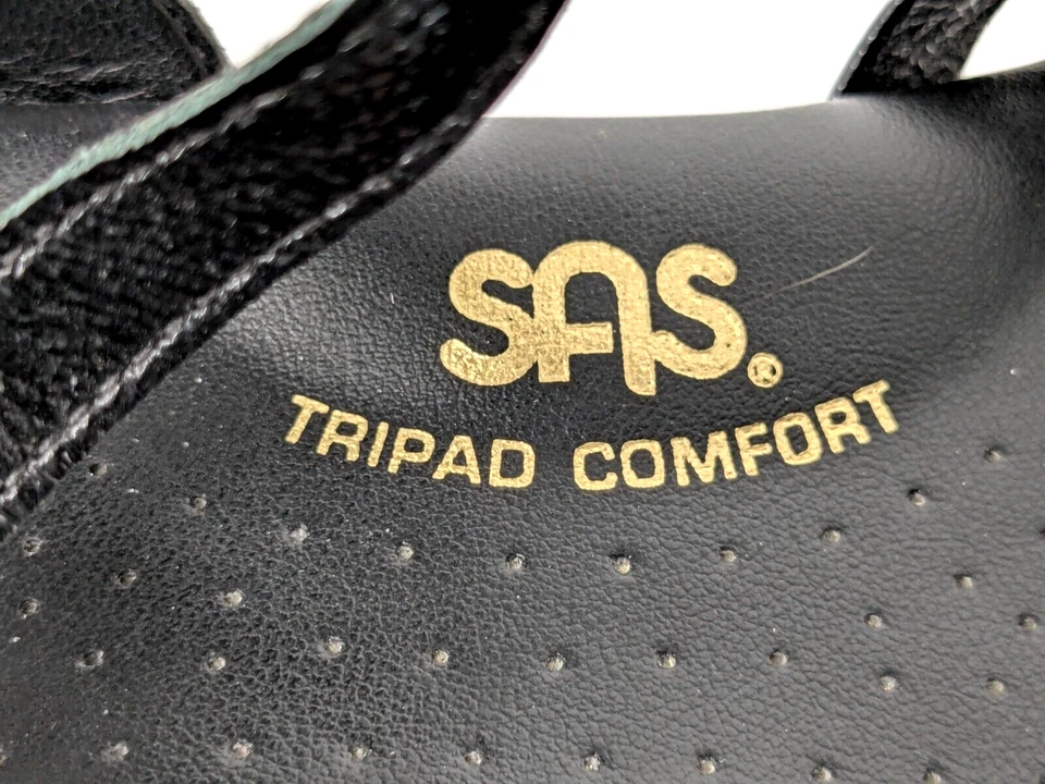 Zapatos SAS 9.5 Sandalias de Cuña Negras Cuero Tri Pad Cómodas Hechas en EE. UU. Negocios Foto 2 de 4