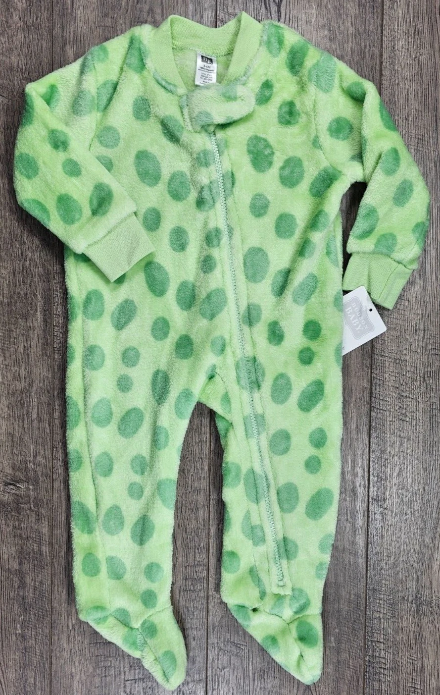 Baby Girl Boy Clothes New HB 3-6 Month Green Polkadot Fuzzy Footed Outfit