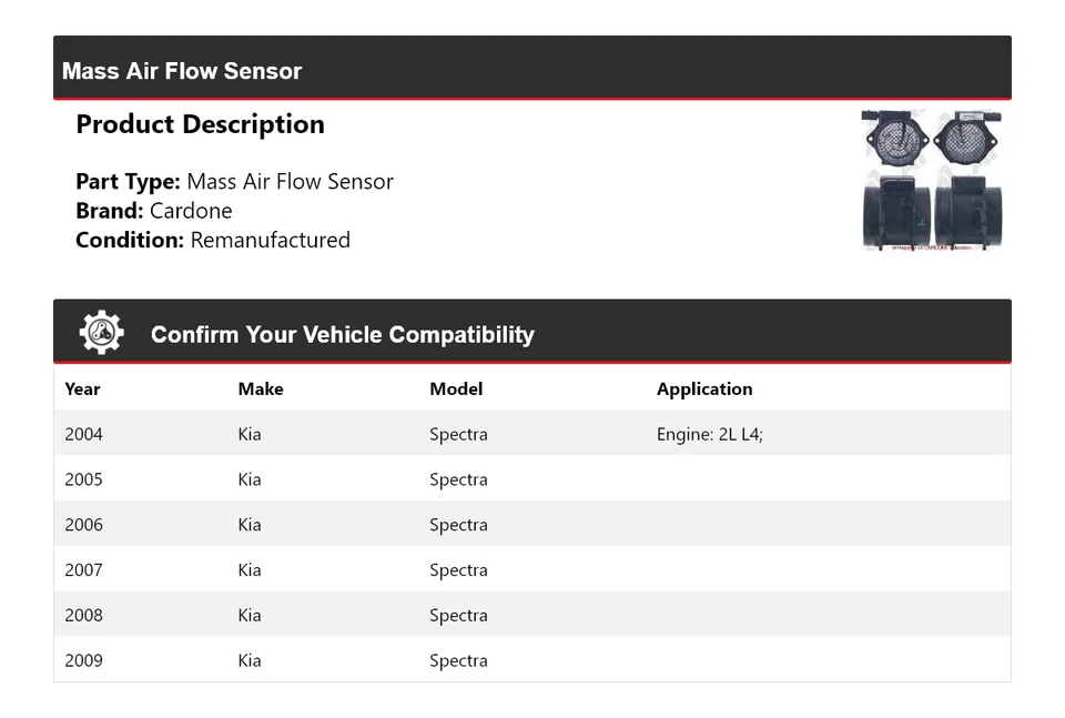 Sensor de flujo de aire másico Cardone 2005 2006 2007 2008 para Kia Spectra 2004-2009 Foto 2 de 4