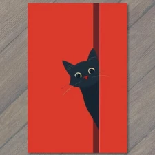 POSTCARD Black Cat Yellow Eyes Pet Red Background Painting Cute Fun Feline