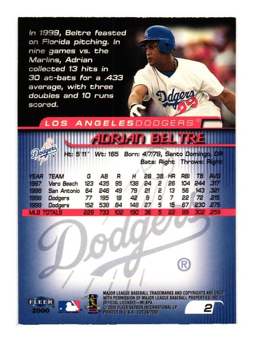 2000 Fleer Focus #2 Adrian Beltre Los Angeles Dodgers - Picture 2 of 2