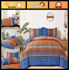 Boho King Size Comforter Set - 3 Piece Blue Orange Striped Bedding, Ultra Soft M