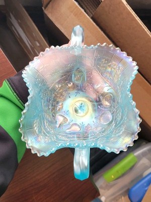 Super Ice Blue Northwood Carnival Glass Fruits & Flowers Bonbon