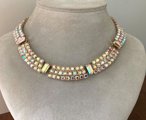 Vintage High-End AB Baguette Rhinestone Choker Statement Necklace - Picture 8 of 12