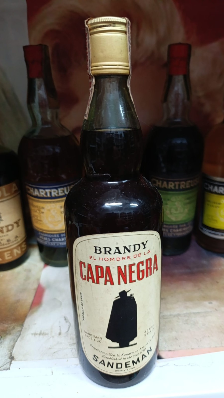 VINTAGE ANTIGUA BRANDY JEREZ CAPA NEGRA SANDEMAN PTO 4 PTAS AÑOS 70 TAPON ROSC