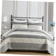 Striped Quilt Queen Size - Gray White Quilt Set with Queen 90"x98" Gray/White