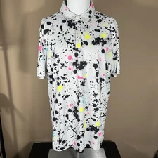 Sunday Swagger Polo Shirt Mens LG White Neon Paint Splatter Performance