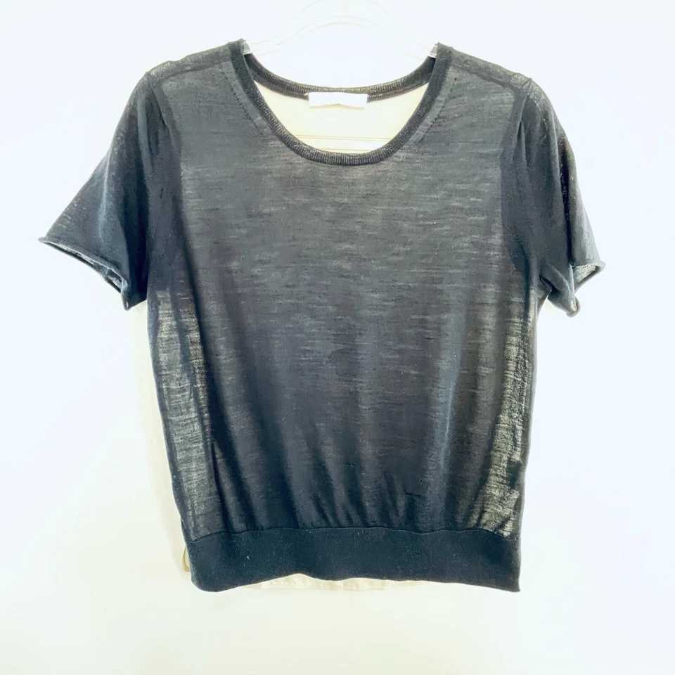 Top tejido manga corta diseñador Nicole Farhi talla M 12 negro y crema lana y seda Foto 4 de 4