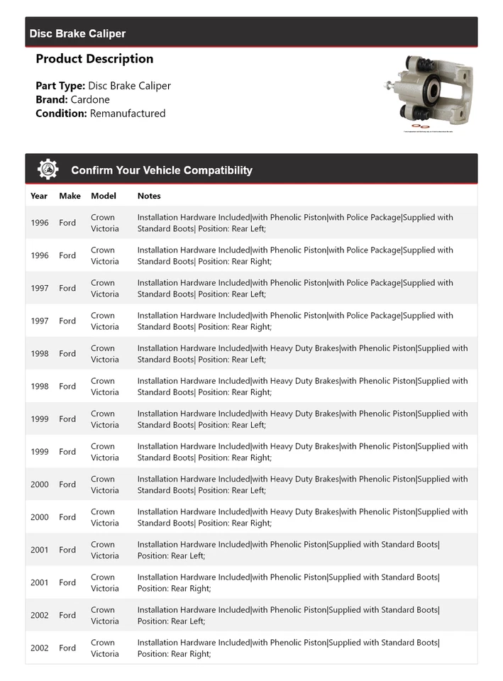 Pinza de freno de disco Cardone para Ford Crown Victoria 1996-2002 1997 1998 1999 2000 Foto 2 de 4