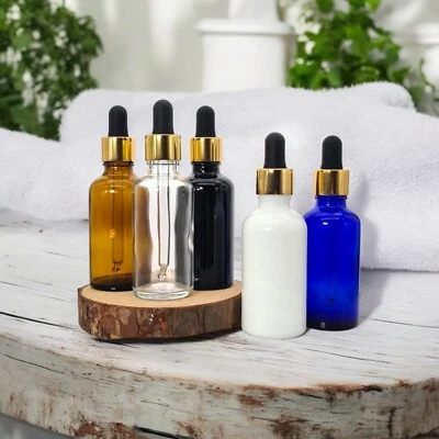 AVALON COSMETIC PACKAGING Glass Dropper Bottles Blue Black White Amber Clear 10ml-100ml Gold/Black Pipette