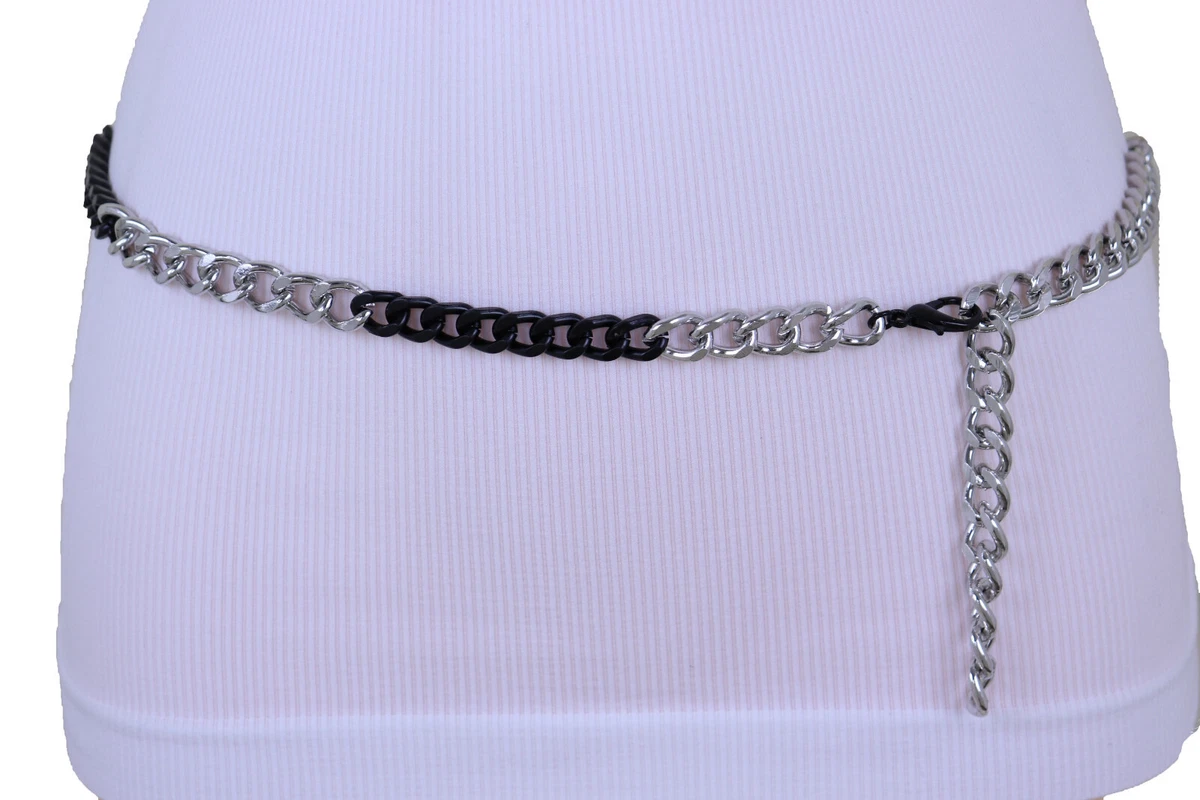 Women Black Silver Metal Chain Link Crisp Look Thin Band Belt Plus Size M L XL