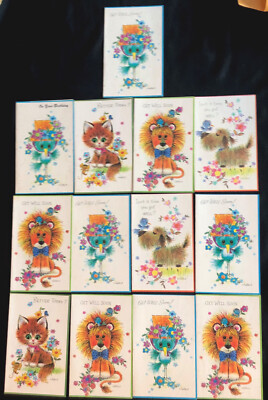 Vtg 13 FANTUSY Get Well Cards & Envs Kittens Puppies Birds Lions Cute-Colorful
