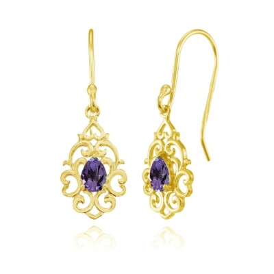 Filigree Heart African Amethyst Teardrop Dangle Earrings in Gold Plated Silver