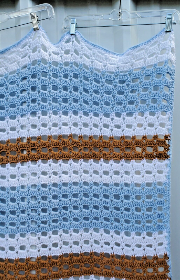 Baby Blanket Afghan Handmade Crocheted Striped Blue Brown White 50" X