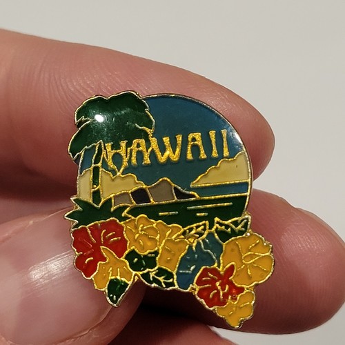 Hawaii Destination Lapel Pin Rubber Backing Trees Mountains water flowers