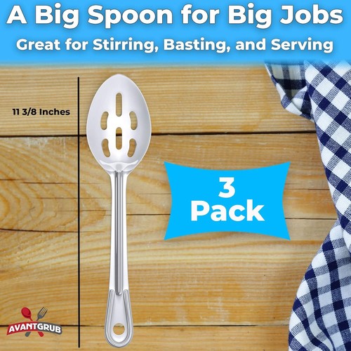 Super Strong, Ergonomic 11 in Serving Spoon 3 Pk. Big, Slotted Stainless - Picture 6 of 8