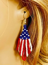 HANDMADE PATRIOTIC RED WHITE BLUE BEADED FLAG COLORS LONG EARRINGS E61/19