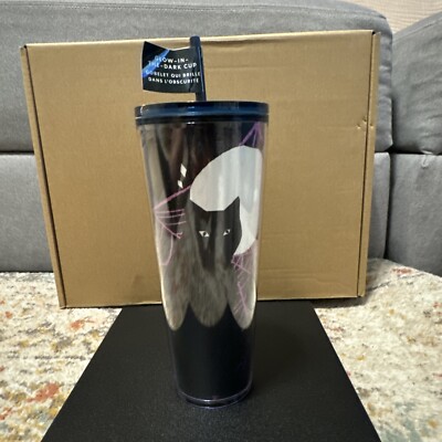 Starbucks 2021 Fall Halloween Glowing in The Dark Cat Tumbler Cup Glass - 24 Oz.