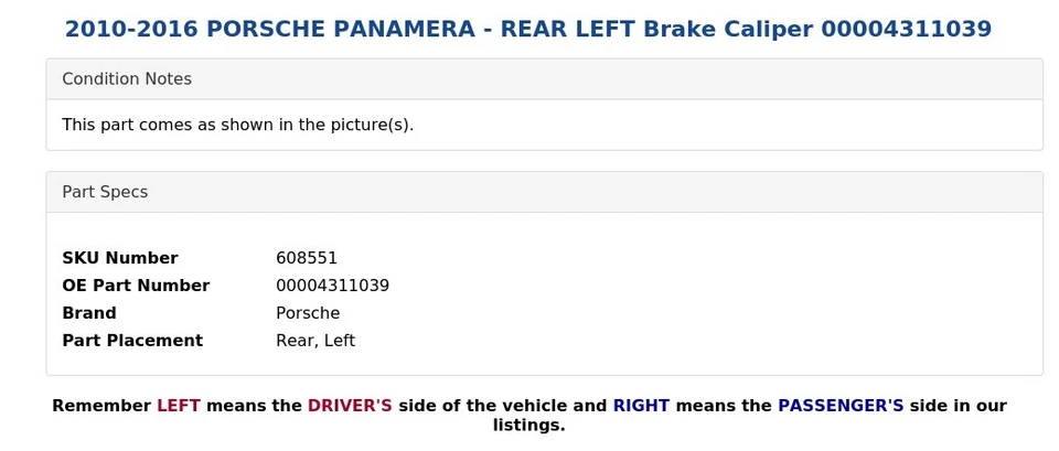 Pinza de freno trasera izquierda Porsche Panamera 2010-2016 00004311039 Foto 4 de 4