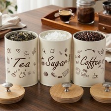 Tea Coffee Sugar Canisters Set of 3 Airtight Metal Kitchen Storage Tins