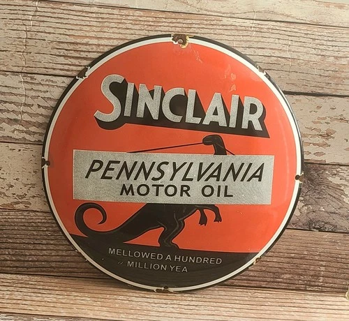 Vintage Sinclair Pennsylvania Motor Oil Dinosaur Porcelain Gas Pump Plate Sign