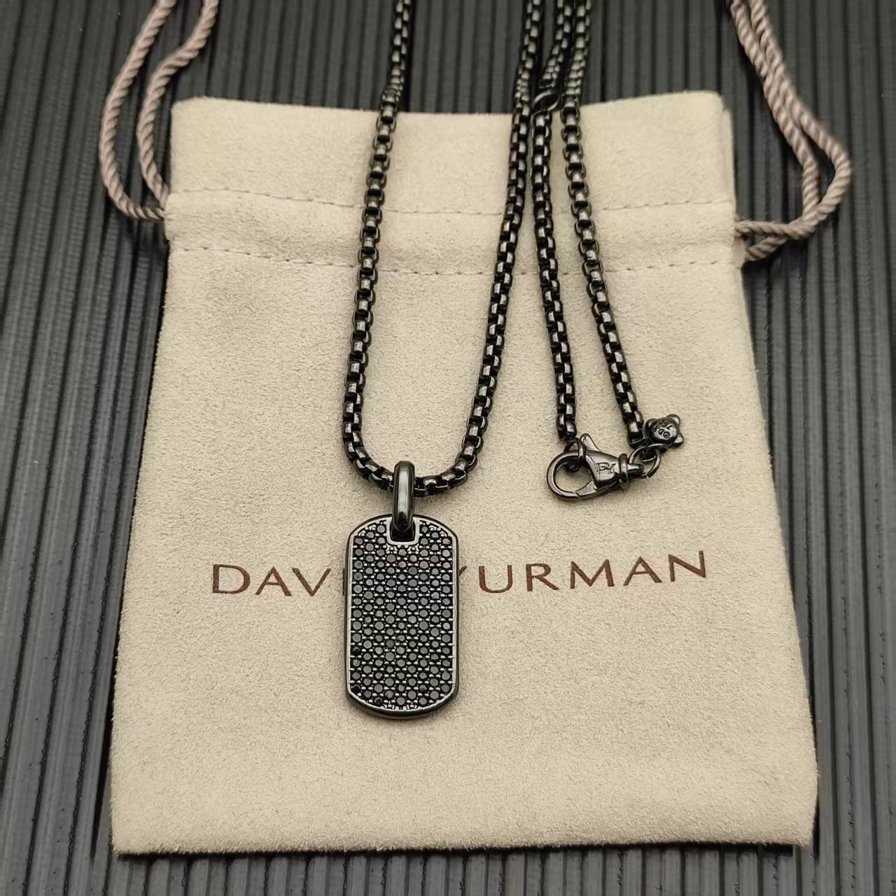 David Yurman Blackened 925 Sterling Silver Pavé Black Diamond Dog Tag Necklace