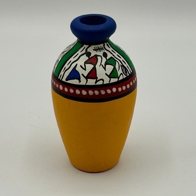 Terracotta Hand Painted Flat Warli Miniature Vase Colorful Indian Tribal Art