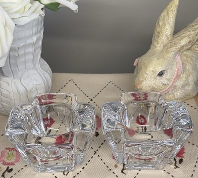 Orrefors Max Cross Crystal Votive Tealight Candle Holders Set 2 Signed W/Sticker