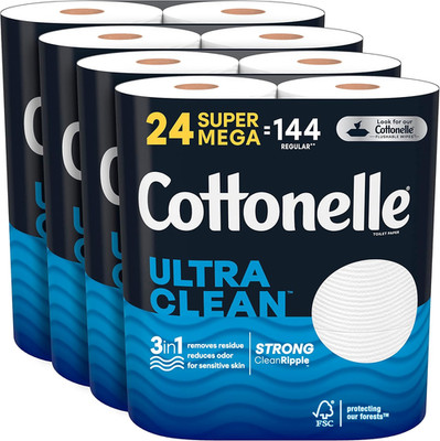 Cottonelle Ultra Clean Toilet Paper, Strong Toilet Tissue, 24 Super Mega Rolls (