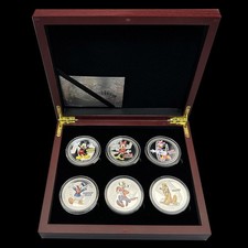 6pcs/box Disney Silberm&uuml;nze Mickey Und Minnie Gedenk Medaille in Holzkiste