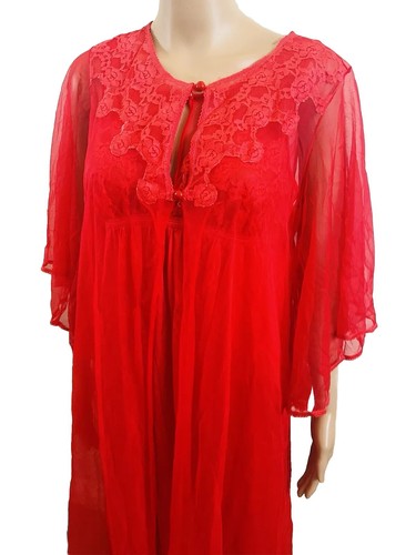 Vintage 60er Jahre transparentes Chiffon Peignoir 2-teiliges Set roter Morgenmantel & langes Nachthemd Komar USA Gr. M - Bild 12 von 24