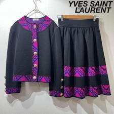 Yves Saint Laurent Wool Geometric Design Set Up Collarless Jacket Skirt