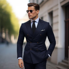 Mens Classic Navy Blue Double Breasted Suit Elegant Slim Fit Perfect Formal Wear