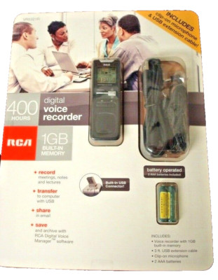 NEW RCA 1GB Digital Voice Recorder with Clip-on Mic USB Cable VR5321R dictation 