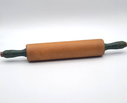 Vtg Rolling Pin Wood Green Handles 2.25" x 17.25" Country Primitive Farmhouse - Picture 4 of 4