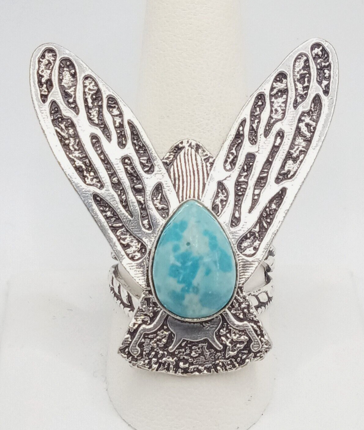 Faux Larimar Silver Eagle Statement Ring Size 10 … - image 1