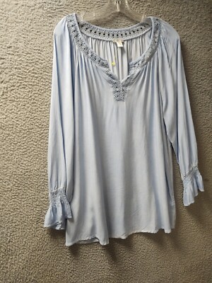 Spense Womens Peasant XL Blue Crochet Ruffle Pullover Blouse Top