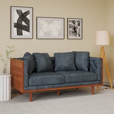 Mid Century Modern Fabric Tufted Loveseat with Accent Pillows