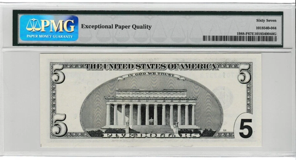 2001  $5  Federal Reserve Note S/N CF 67098337 B  Fr. 1988-F ATLANTA PMG 67 - Image 3 of 3