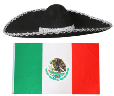 BLACK FELT SOMBRERO HAT AND MEXICO FLAG 