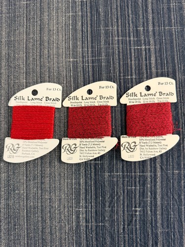 3 cards of Rainbow Gallery Silk Lame' Braid 13 ct. thread (2 x LB09, 1 x LB218)
