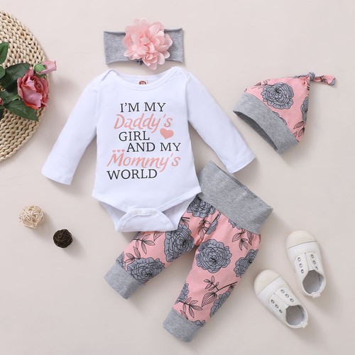 Neugeborenes Baby Mädchen Blumen Strampler Body Overall Stirnband 4-teilig Outfit Kleidung - Bild 1 von 7
