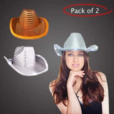 Party Glowz LED Light Up Flashing Sequin White & Orange Cowboy Hat - Pack of 2