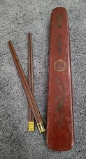 Set 4 Vintage Chopsticks In Leather Lacquered & Wood Case Jian China